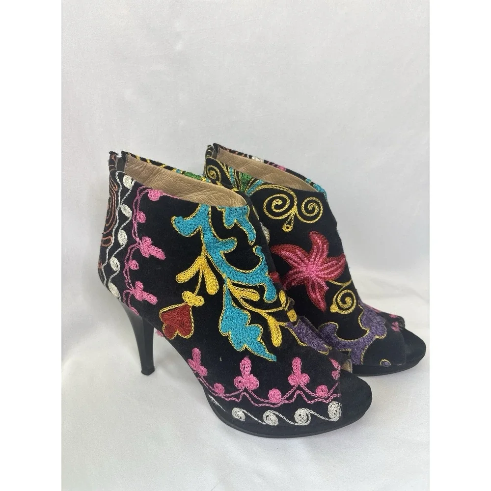 Gorgeous Colorful Floral Handmade OOAK Suzani‎ Turkey Ankle Heels 39 US 8-8.5